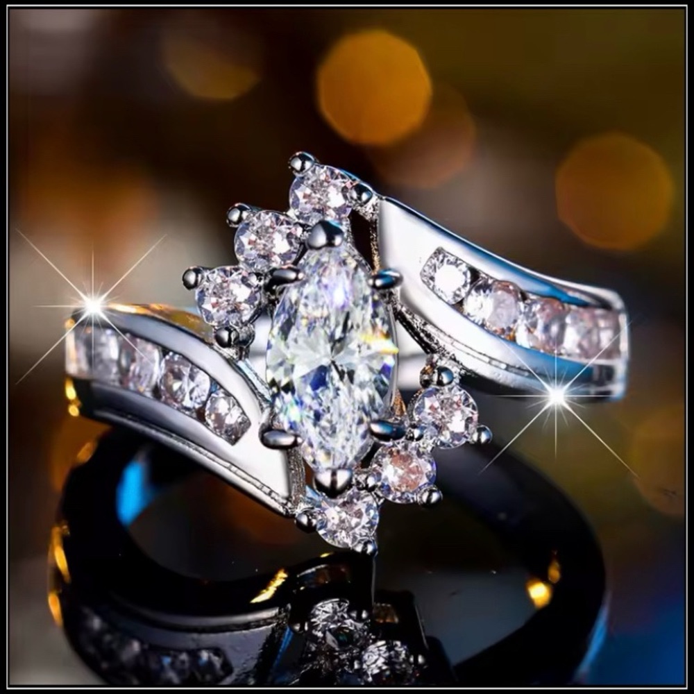 NEW 925 SIMULATED DIAMOND MARQUISE CLUSTER BAGUETTE SILVER ENGAGEMENT RING